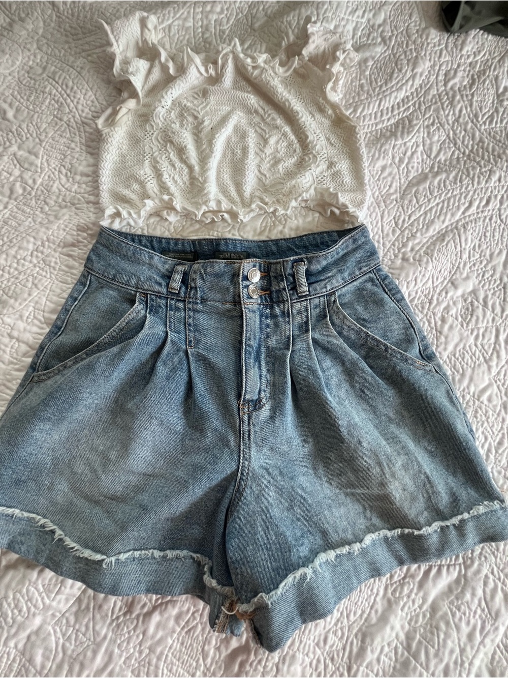 Light Blue High-Waist Denim Trouser Style Shorts